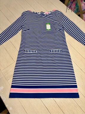 Lilly Pulitzer Navy and White Striped Long-Sleeve Dress with Pink Hem